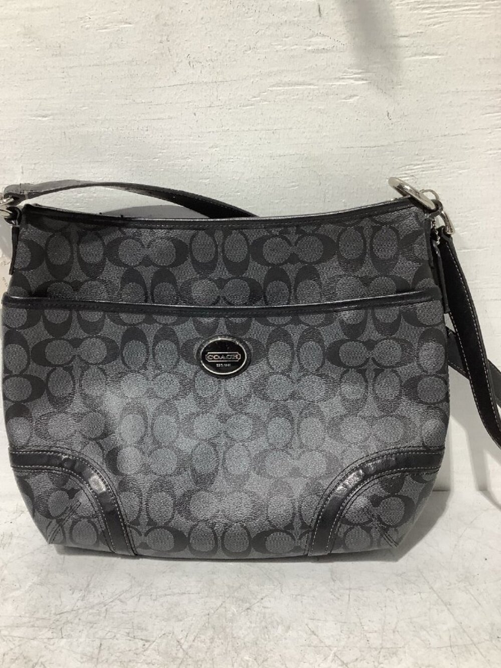 Coach Signature C Monogram Crossbody Bag Black Gray Leather Trim